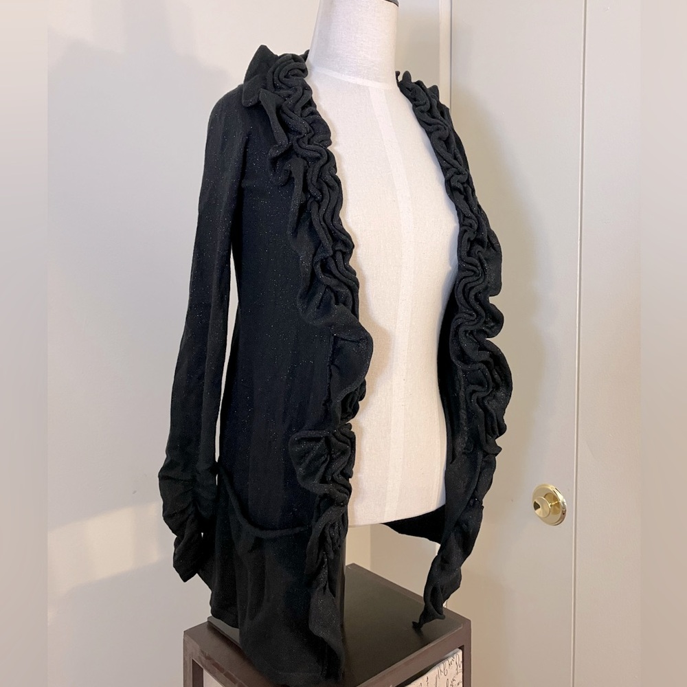 Petite INC black sparkle with ruffle trim cardigan